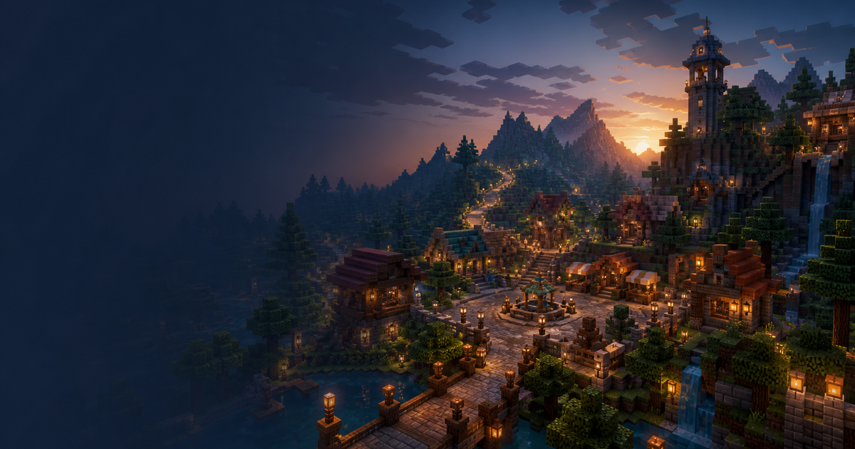 A voxel Minecraft town at dusk with a central plaza, lanterns, mountains, and a winding road.
